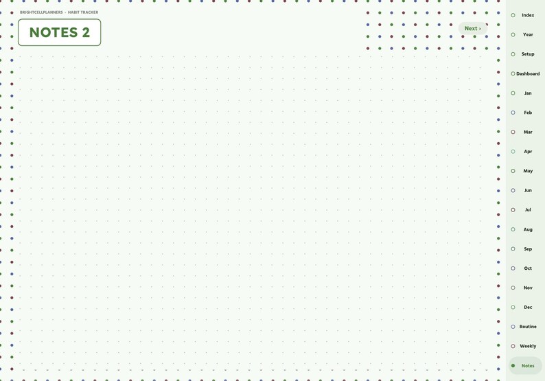 May include: A digital planner page titled NOTES 2 with a light green background and a dark dot grid pattern. The right side features a vertical navigation bar with labels including Index, Year, Setup, Dashboard, months from Jan to Dec, Routine, and Weekly.