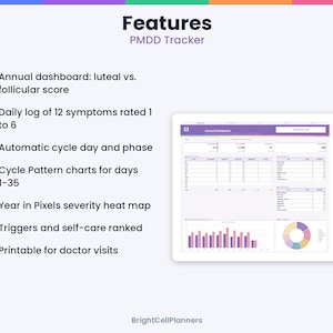 Puede incluir: Un rastreador digital de PMDD presenta un panel anual con puntuaciones l&uacute;teas y foliculares, un registro diario de 12 s&iacute;ntomas, seguimiento autom&aacute;tico de fases del ciclo, gr&aacute;ficos de patrones de ciclo, un mapa de calor y reportes imprimibles.