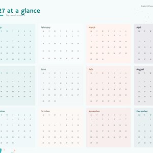 May include: A 2027 digital calendar planner titled 2027 at a glance, featuring twelve monthly grids in pastel blue, pink, and gray. A vertical navigation sidebar on the left lists sections including Index, Year, Months, Clients, Quotes, Checklist, Supplies, Income, Mileage, Taxes, and Notes.