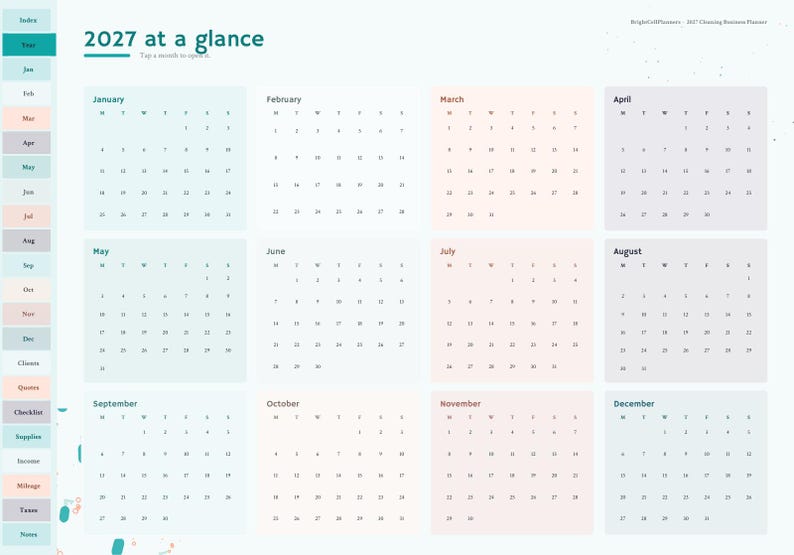 May include: A 2027 digital calendar planner titled 2027 at a glance, featuring twelve monthly grids in pastel blue, pink, and gray. A vertical navigation sidebar on the left lists sections including Index, Year, Months, Clients, Quotes, Checklist, Supplies, Income, Mileage, Taxes, and Notes.