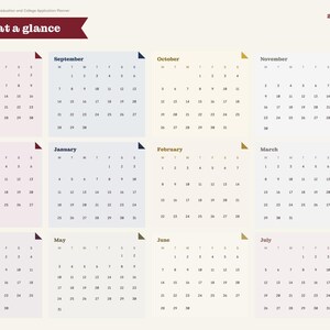 May include: A 2026-27 digital planner page titled 2026-27 at a glance, featuring twelve monthly calendar grids from August to July. The layout includes a sidebar with navigation tabs for months and categories like Colleges and Essays.