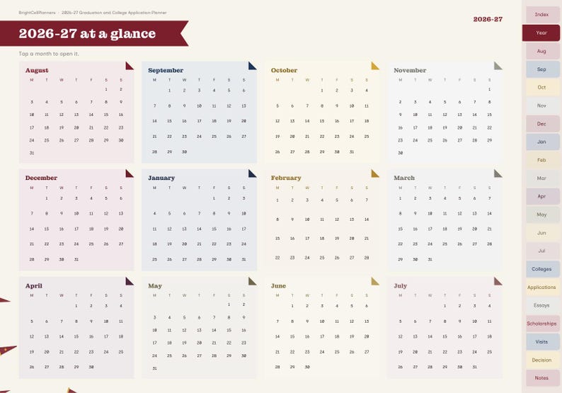 May include: A 2026-27 digital planner page titled 2026-27 at a glance, featuring twelve monthly calendar grids from August to July. The layout includes a sidebar with navigation tabs for months and categories like Colleges and Essays.