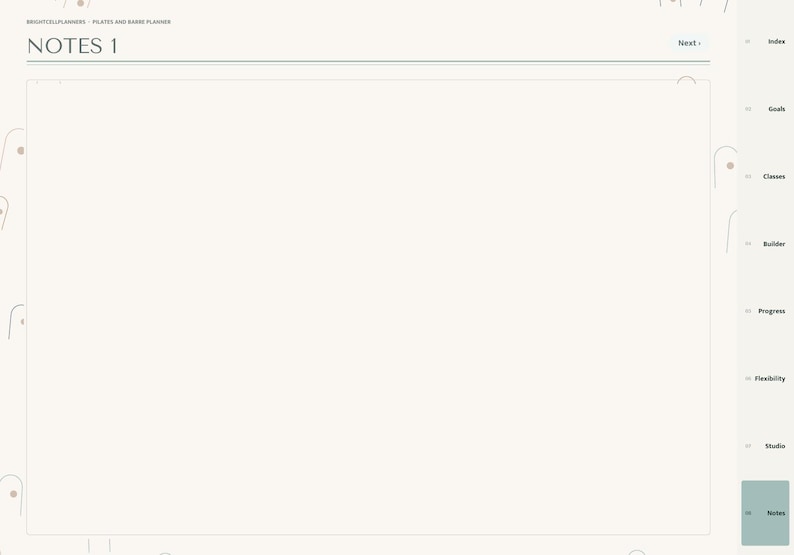 May include: A digital planner page titled NOTES 1 with a large blank central area for writing. The right sidebar features navigation tabs labeled Index, Goals, Classes, Builder, Progress, Flexibility, Studio, and Notes in a light beige layout.