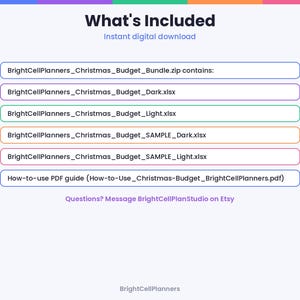 May include: A digital file list titled What's Included, featuring BrightCellPlanners_Christmas_Budget_Bundle.zip, BrightCellPlanners_Christmas_Budget_Dark.xlsx, BrightCellPlanners_Christmas_Budget_Light.xlsx, and a How-to-use PDF guide.