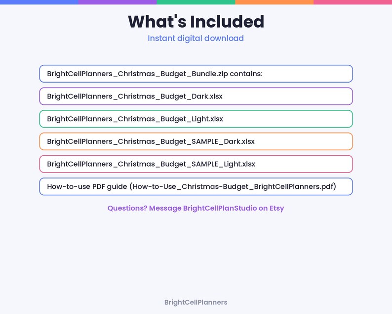 May include: A digital file list titled What's Included, featuring BrightCellPlanners_Christmas_Budget_Bundle.zip, BrightCellPlanners_Christmas_Budget_Dark.xlsx, BrightCellPlanners_Christmas_Budget_Light.xlsx, and a How-to-use PDF guide.
