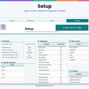Puede incluir: Una interfaz digital de seguimiento de gastos m&eacute;dicos titulada Setup, con secciones para ajustes, miembros de la familia, categor&iacute;as, estado de reclamaciones y proveedores. El dise&ntilde;o incluye tablas con datos de la familia Rivera, con fecha del martes 13 de octubre de 2026, en un esquema de color claro y la marca BrightCellPlanners.