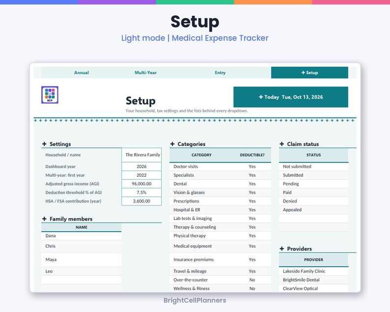 Puede incluir: Una interfaz digital de seguimiento de gastos m&eacute;dicos titulada Setup, con secciones para ajustes, miembros de la familia, categor&iacute;as, estado de reclamaciones y proveedores. El dise&ntilde;o incluye tablas con datos de la familia Rivera, con fecha del martes 13 de octubre de 2026, en un esquema de color claro y la marca BrightCellPlanners.