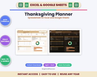 Thanksgiving Planner Spreadsheet – Menu, Timeline, Guest List, Shopping (Digital Download)