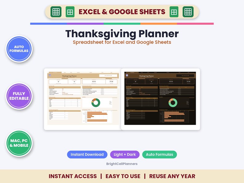 Thanksgiving Planner Spreadsheet – Menu, Timeline, Guest List, Shopping (Digital Download) image 1