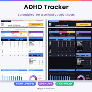 Puede incluir: Una hoja de c&aacute;lculo de seguimiento de TDAH para Excel y Google Sheets con un panel anual, tablas de datos, gr&aacute;ficos y m&eacute;tricas. El dise&ntilde;o se muestra en modo claro y oscuro, con columnas para meses, puntuaciones de enfoque y seguimiento.