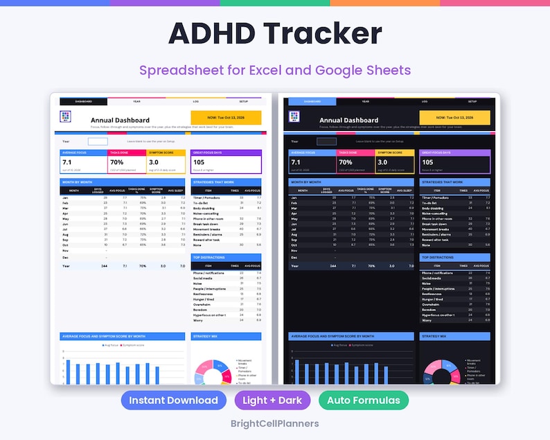 Puede incluir: Una hoja de c&aacute;lculo de seguimiento de TDAH para Excel y Google Sheets con un panel anual, tablas de datos, gr&aacute;ficos y m&eacute;tricas. El dise&ntilde;o se muestra en modo claro y oscuro, con columnas para meses, puntuaciones de enfoque y seguimiento.