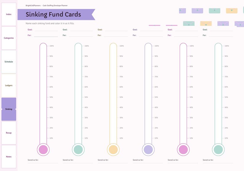 May include: A digital planner page titled Sinking Fund Cards with a sidebar containing tabs for Index, Categories, Schedule, Ledgers, Sinking, Recap, and Notes. The main area features six vertical progress bars with percentage markers from 10% to 100%.