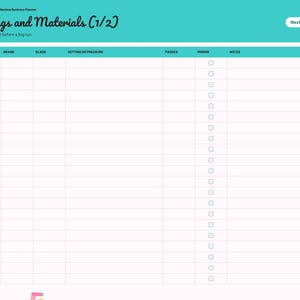 May include: A digital planner page titled Cut Settings and Materials (1/2) with a teal header. The table includes columns for Material, Brand, Blade, Setting or Pressure, Passes, Mirror, and Notes, with a sidebar listing navigation tabs.