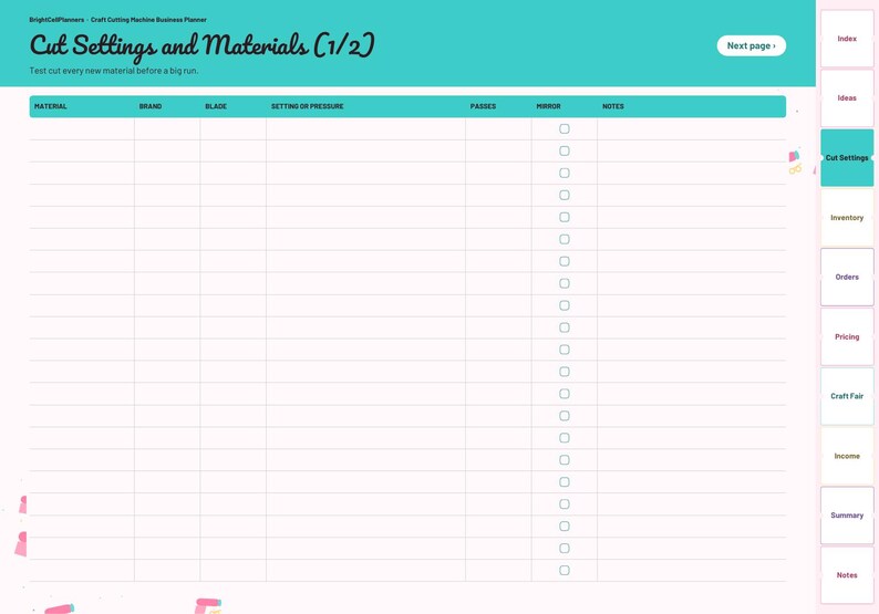 May include: A digital planner page titled Cut Settings and Materials (1/2) with a teal header. The table includes columns for Material, Brand, Blade, Setting or Pressure, Passes, Mirror, and Notes, with a sidebar listing navigation tabs.