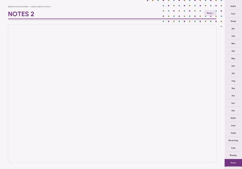Puede incluir: Una p&aacute;gina de planificador digital titulada NOTES 2 con una gran &aacute;rea de escritura central blanca, una l&iacute;nea de encabezado morada y una barra de navegaci&oacute;n lateral derecha con pesta&ntilde;as para meses y categor&iacute;as como Habit, Goal, Tasks y Weekly.