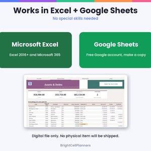 K&ouml;nnte beinhalten: Eine digitale Tabellenkalkulationsvorlage zur Verfolgung von Verm&ouml;genswerten und Schulden mit dem Text Works in Excel + Google Sheets, Microsoft Excel, Google Sheets und Assets & Debts. Die Oberfl&auml;che zeigt Spalten und Zeilen.