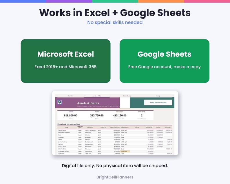 K&ouml;nnte beinhalten: Eine digitale Tabellenkalkulationsvorlage zur Verfolgung von Verm&ouml;genswerten und Schulden mit dem Text Works in Excel + Google Sheets, Microsoft Excel, Google Sheets und Assets & Debts. Die Oberfl&auml;che zeigt Spalten und Zeilen.