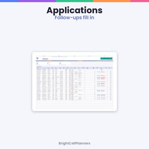 May include: A digital tablet screen displaying a spreadsheet titled Applications with the subtitle Follow-ups fill in. The interface features a table with multiple columns, rows of data, and a green button. The text BrightCellPlanners appears at the bottom.