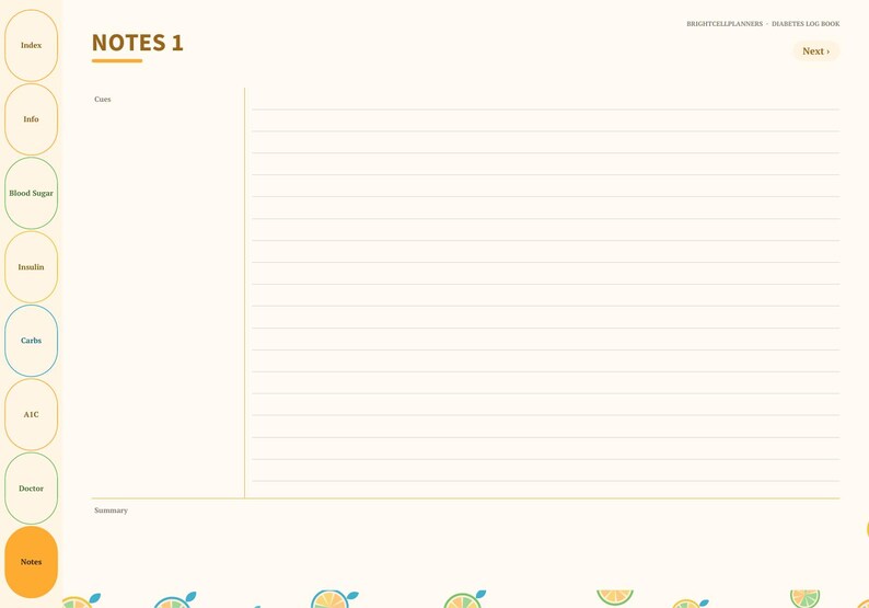 May include: A digital planner page titled NOTES 1 with a left-hand navigation bar featuring circular tabs labeled Index, Info, Blood Sugar, Insulin, Carbs, A1C, Doctor, and Notes. The page includes lined sections for Date and Summary.