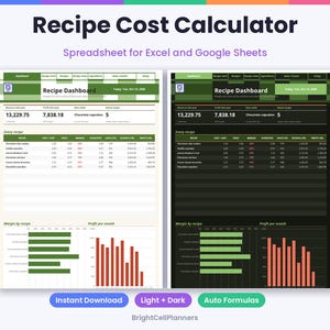 Op de afbeelding: Een digitale receptkosten-calculator spreadsheet voor Excel en Google Sheets, met dashboards in lichte en donkere modus, tabellen, grafieken en financi&euml;le gegevens. De interface toont receptnamen, kosten, prijzen en winstmarges met groene en rode staafdiagrammen.