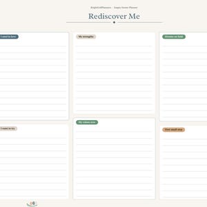 May include: A digital planner page titled Rediscover Me with a navigation sidebar featuring circular icons. The layout includes six lined sections labeled Things I used to love, My strengths, Dreams on hold, Things I want to try, My values now, and First small step.