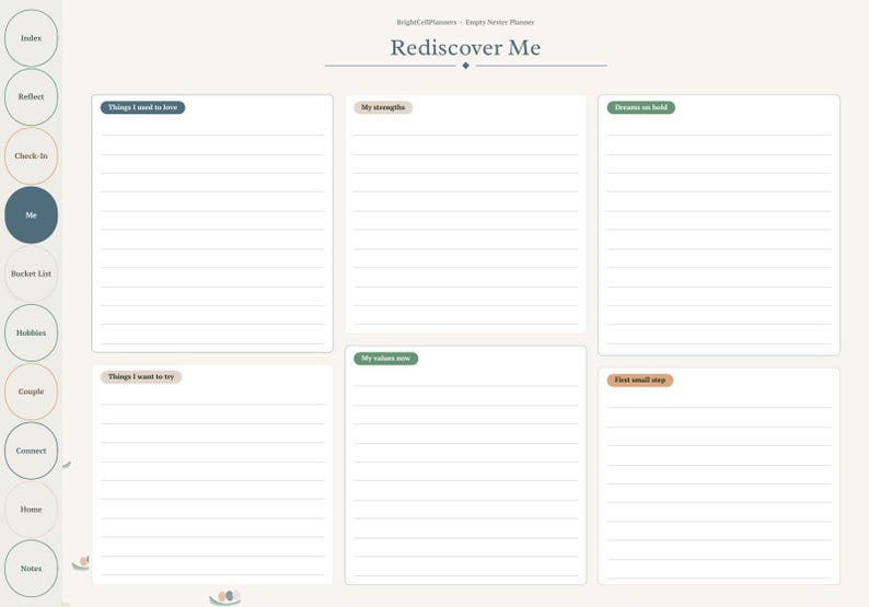 May include: A digital planner page titled Rediscover Me with a navigation sidebar featuring circular icons. The layout includes six lined sections labeled Things I used to love, My strengths, Dreams on hold, Things I want to try, My values now, and First small step.