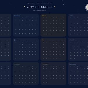 May include: A digital 2027 calendar planner interface with a dark blue starry background. It features twelve monthly grids, a crescent moon icon, a circular vintage illustration, and a sidebar navigation menu with text labels.