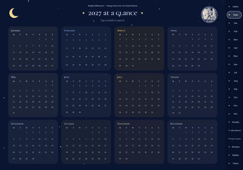 May include: A digital 2027 calendar planner interface with a dark blue starry background. It features twelve monthly grids, a crescent moon icon, a circular vintage illustration, and a sidebar navigation menu with text labels.