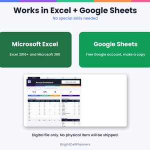Pode incluir: Um modelo de painel anual digital compat&iacute;vel com Microsoft Excel 2016+ e Microsoft 365, e Google Sheets. O gr&aacute;fico exibe o texto Works in Excel + Google Sheets, No special skills needed e BrightCellPlanners.