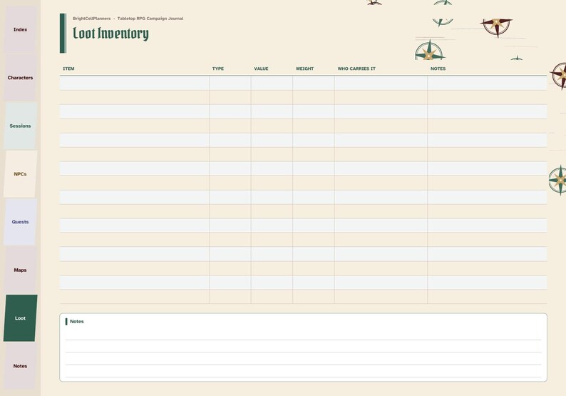 May include: A cream-colored tabletop RPG campaign journal page titled Loot Inventory. The layout features a table with columns for item, type, value, weight, who carries it, and notes, plus a bottom section for additional notes and compass icons.