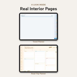 May include: Two digital tablet screens displaying planner layouts. The top screen shows a Notes 2 page with a side navigation bar. The bottom screen displays a Daily Itinerary 1/4 page with lined sections for travel planning and checklists.