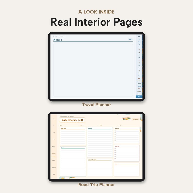 May include: Two digital tablet screens displaying planner layouts. The top screen shows a Notes 2 page with a side navigation bar. The bottom screen displays a Daily Itinerary 1/4 page with lined sections for travel planning and checklists.