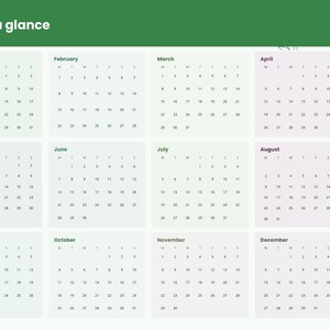 Puede incluir: Una p&aacute;gina de planificador de calendario digital 2027 titulada 2027 at a glance con doce cuadr&iacute;culas mensuales. El dise&ntilde;o presenta un encabezado verde, una barra lateral con pesta&ntilde;as de navegaci&oacute;n para index, year, setup, today, tasks, dashboard y meses.