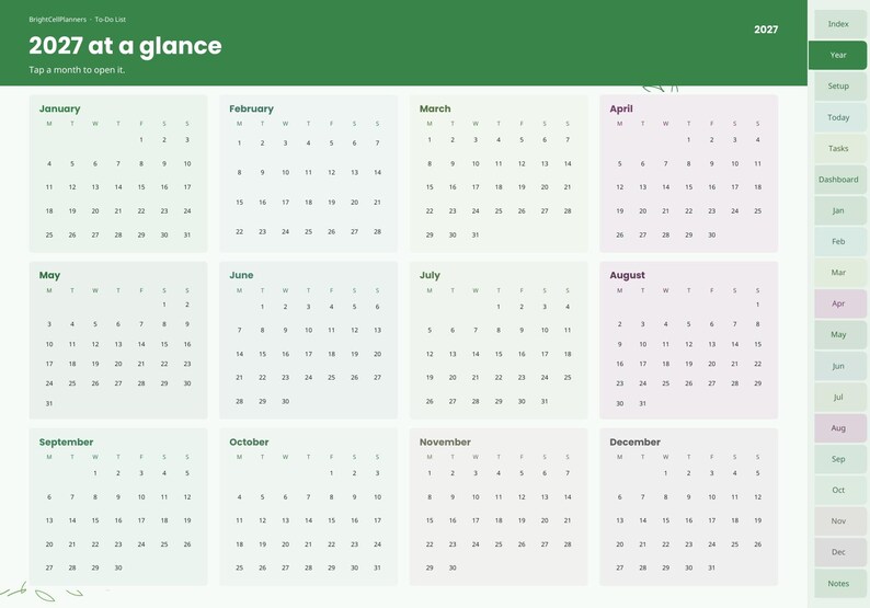 Puede incluir: Una p&aacute;gina de planificador de calendario digital 2027 titulada 2027 at a glance con doce cuadr&iacute;culas mensuales. El dise&ntilde;o presenta un encabezado verde, una barra lateral con pesta&ntilde;as de navegaci&oacute;n para index, year, setup, today, tasks, dashboard y meses.