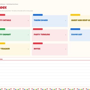 May include: A digital kids birthday party planner index page featuring a sidebar with navigation tabs and a main area with clickable tiles labeled Party Details, Theme Board, Guest and RSVP List, Party Budget, Party Timeline, Favor List, Gift Tracker, and Notes, plus a Quick Notes section with lined paper.