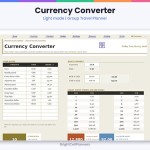 May include: A digital currency converter spreadsheet titled Currency Converter Light mode Group Travel Planner. The interface features a table for currency rates, a quick convert section, and a printable cheat sheet with columns for EUR and USD.