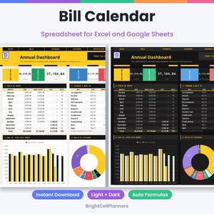 May include: A digital Bill Calendar spreadsheet for Excel and Google Sheets featuring an Annual Dashboard with light and dark mode views, financial data tables, bar charts, and pie charts to track monthly bills, payments, and categories.