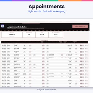 K&ouml;nnte beinhalten: Eine digitale Tabelle mit dem Titel Appointments & Sales f&uuml;r die Salon-Buchhaltung. Die Oberfl&auml;che zeigt eine dunkle Kopfzeile mit zusammenfassenden Kennzahlen und eine detaillierte Tabelle mit Daten, Kunden und Dienstleistungen.