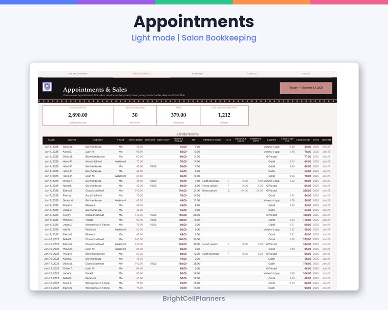K&ouml;nnte beinhalten: Eine digitale Tabelle mit dem Titel Appointments & Sales f&uuml;r die Salon-Buchhaltung. Die Oberfl&auml;che zeigt eine dunkle Kopfzeile mit zusammenfassenden Kennzahlen und eine detaillierte Tabelle mit Daten, Kunden und Dienstleistungen.