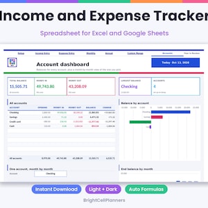 Puede incluir: Una hoja de c&aacute;lculo de seguimiento de ingresos y gastos para Excel y Google Sheets. El panel muestra saldos de cuentas, dinero entrante, saliente y un gr&aacute;fico de barras. El texto incluye: 'Income and Expense Tracker', 'Account dashboard' y 'Today Oct 13, 2026'.