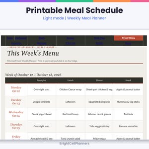 May include: A printable meal schedule titled This Week's Menu with a weekly planner layout for October 12 to October 18, 2026. The grid includes columns for breakfast, lunch, dinner, and snacks, with navigation tabs at the top labeled Print Menu.