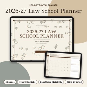 May include: A 2026-27 digital law school planner displayed on two tablets. The cover features the text 2026-27 LAW SCHOOL PLANNER with a pattern of scales of justice. The second tablet shows an August 2026 monthly calendar view with lined notes.