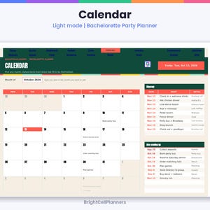 K&ouml;nnte beinhalten: Eine digitale Kalender-Benutzeroberfl&auml;che f&uuml;r einen Junggesellinnenabschied im Light-Modus. Das Layout umfasst eine dunkelgr&uuml;ne Navigationsleiste, ein cremefarbenes Monatsraster f&uuml;r Oktober 2026 und einen Reiseplan in der Seitenleiste. Text: Calendar, Bachelorette Party Planner, Today Tue, Oct 13, 2026.