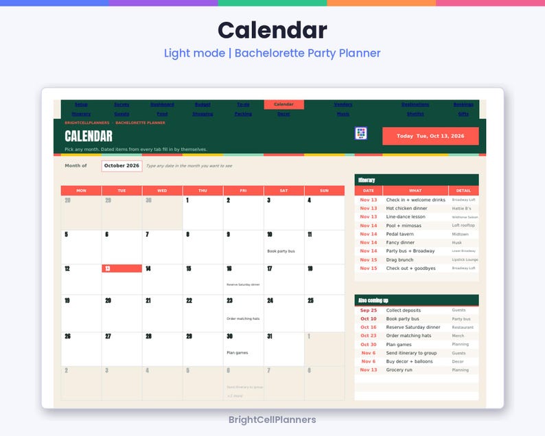 K&ouml;nnte beinhalten: Eine digitale Kalender-Benutzeroberfl&auml;che f&uuml;r einen Junggesellinnenabschied im Light-Modus. Das Layout umfasst eine dunkelgr&uuml;ne Navigationsleiste, ein cremefarbenes Monatsraster f&uuml;r Oktober 2026 und einen Reiseplan in der Seitenleiste. Text: Calendar, Bachelorette Party Planner, Today Tue, Oct 13, 2026.