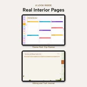 May include: A digital planner interface displaying two distinct layouts. The top screen shows a Park Day Plan with colourful sections for daily tasks. The bottom screen features an Elevation and Mileage Tracker table for hiking and trail logging.