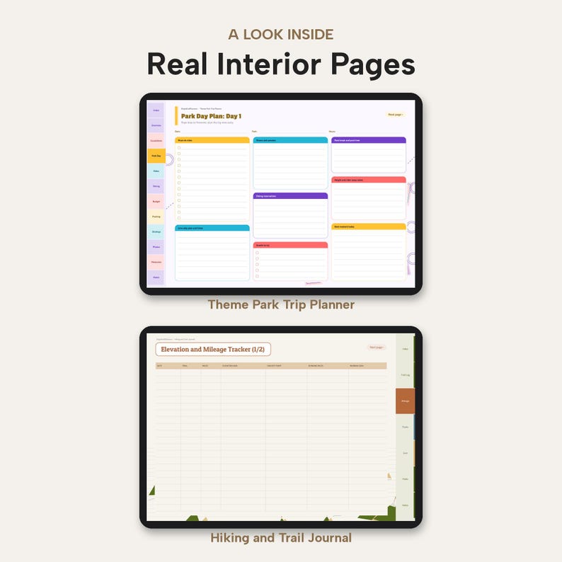 May include: A digital planner interface displaying two distinct layouts. The top screen shows a Park Day Plan with colourful sections for daily tasks. The bottom screen features an Elevation and Mileage Tracker table for hiking and trail logging.