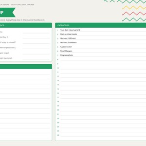 May include: A 75-day challenge tracker planner page with a green header labeled SETUP. It includes sections for The Basics, such as name and daily water target in oz or L, and a numbered list for categories with pre-filled daily rules.