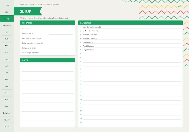 May include: A 75-day challenge tracker planner page with a green header labeled SETUP. It includes sections for The Basics, such as name and daily water target in oz or L, and a numbered list for categories with pre-filled daily rules.