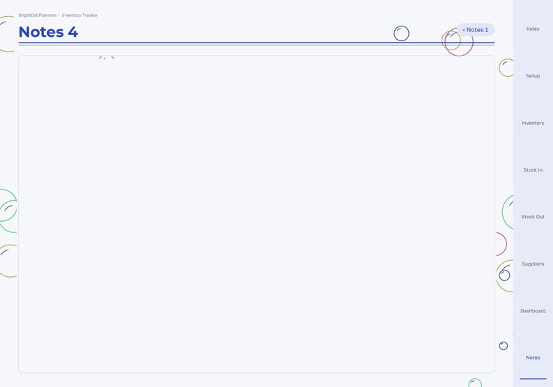May include: A digital planner page titled Notes 4 with a light purple sidebar containing navigation tabs for Index, Setup, Inventory, Stock In, Stock Out, Suppliers, Dashboard, and Notes. The layout features thin lines and circular accents.