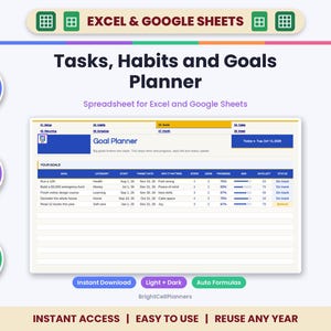 May include: A digital Tasks, Habits and Goals Planner spreadsheet for Excel and Google Sheets. The interface displays a goal tracking table with columns for goal, category, start, target date, steps, done, progress, and status. Includes text labels for auto formulas, fully editable, and mac, pc, and mobile compatibility.